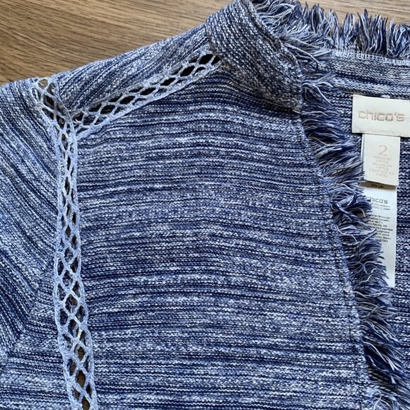 Chico’s Blue & White Fringe-Trim Woven Jacket – Size 2 - Picture 5 of 10